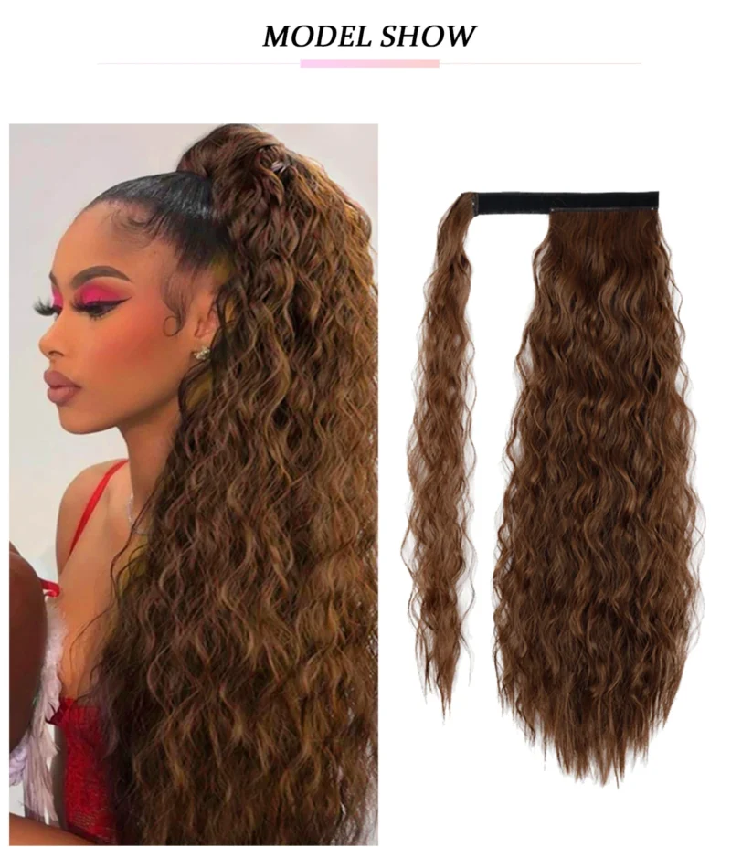 AZQUEEN Synthetic Corn Wavy Long Ponytail Hairpiece Wrap on Clip Hair Extensions Ombre Brown Pony Tail Blonde Fack Hair