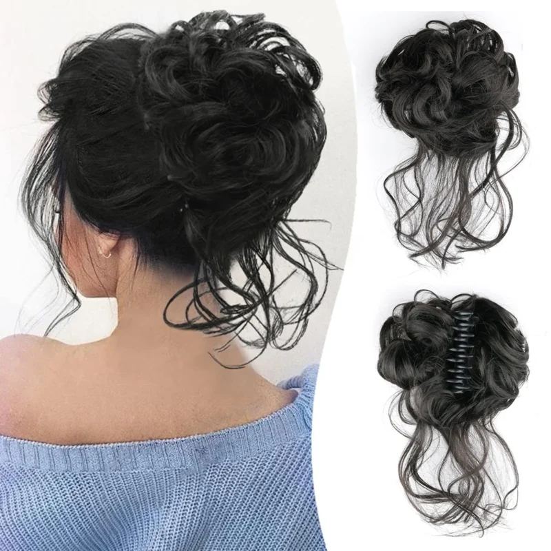 Chignon synthétique à pinces pour femme, cheveux bouclés et décoiffés, extensions de cheveux à clipser, postiches naturels pour femmes