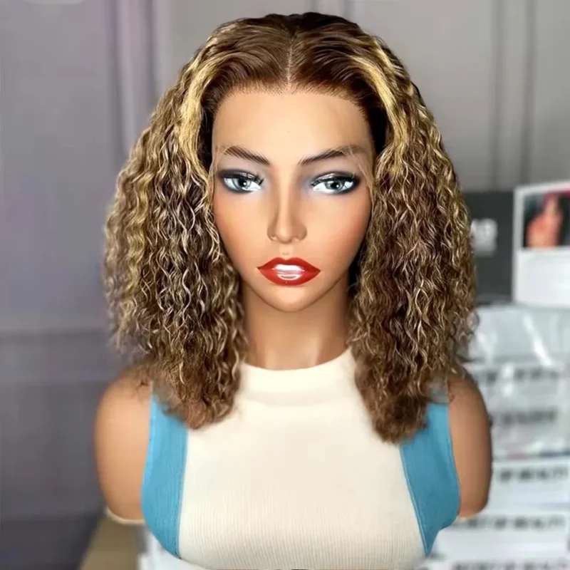 Highlight Curly Bob Wigs 13x4 Lace Front Wig Brazilian 100% Human Hair Ombre Brown Deep Wave Short Bob Wigs For Women 12 14 Inch