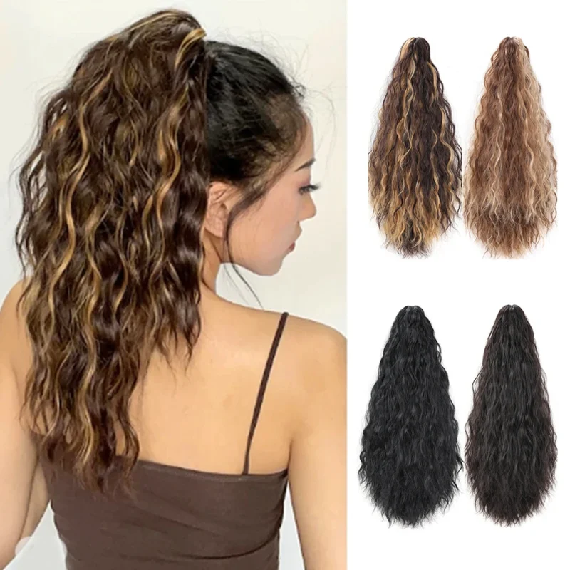 Ponytail Hair Extensions 20 Inches Wavy Curly Fake Hair Claw Clip in Ponytail Fluffy Corn Wave Synthetic Pony Tail Hairpiece