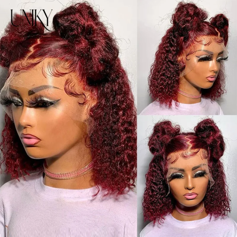 99J Burgundy Side Part Lace Front Wig Short Bob Hair Wig Human Hair 13x4 Deep Wave Frontal Wig 13x1 Red Colored Curly Wigs