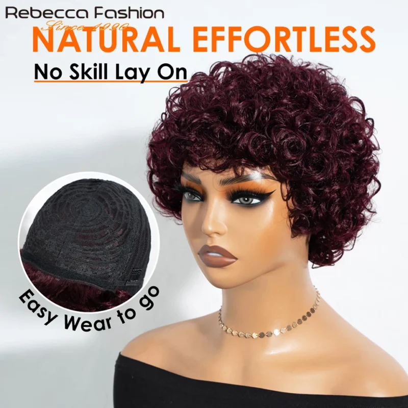 Perruques courtes bouclées crépues afro Rebecca pour femmes noires, perruques sans colle, cheveux brésiliens naturels bruns avec frange - Image 2