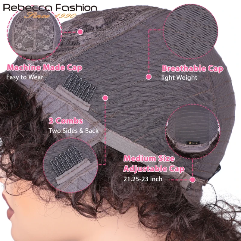 Perruques courtes bouclées crépues afro Rebecca pour femmes noires, perruques sans colle, cheveux brésiliens naturels bruns avec frange - Image 6
