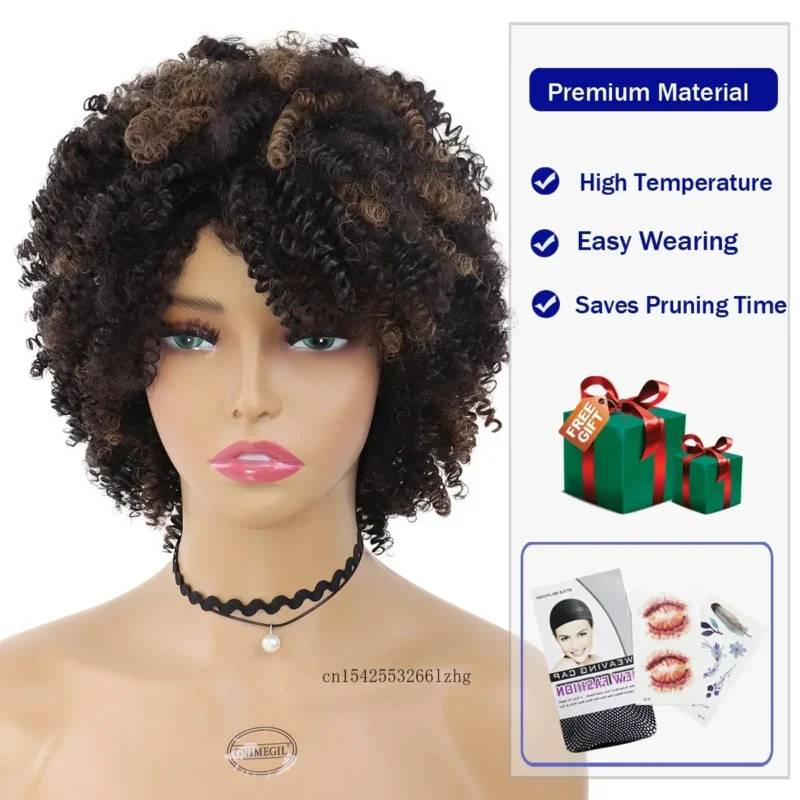 Synthetic Hair Short Afro Wigs for Black Women Lose Curly Wig with Bangs African Hairstyle Mixed Brown Female Wig Heat Resistant - Image 6