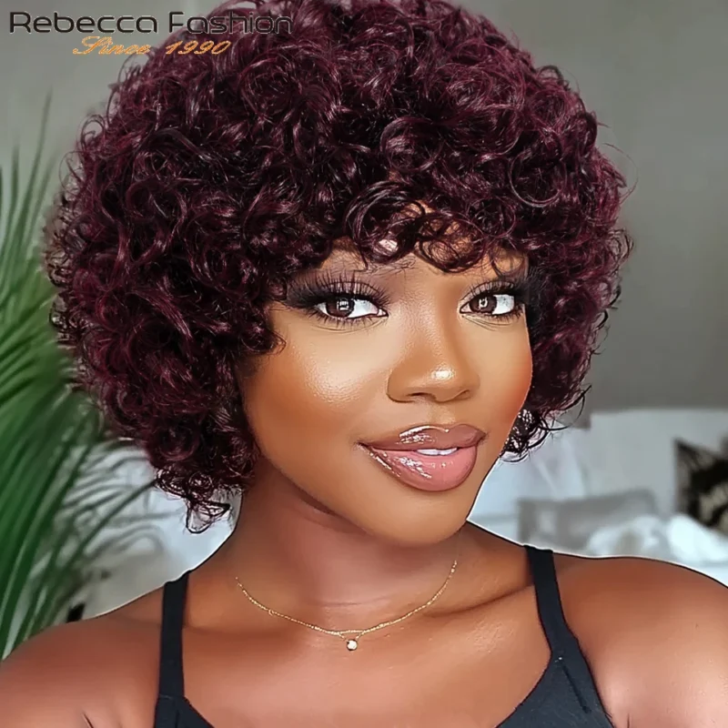 Perruques courtes bouclées crépues afro Rebecca pour femmes noires, perruques sans colle, cheveux brésiliens naturels bruns avec frange