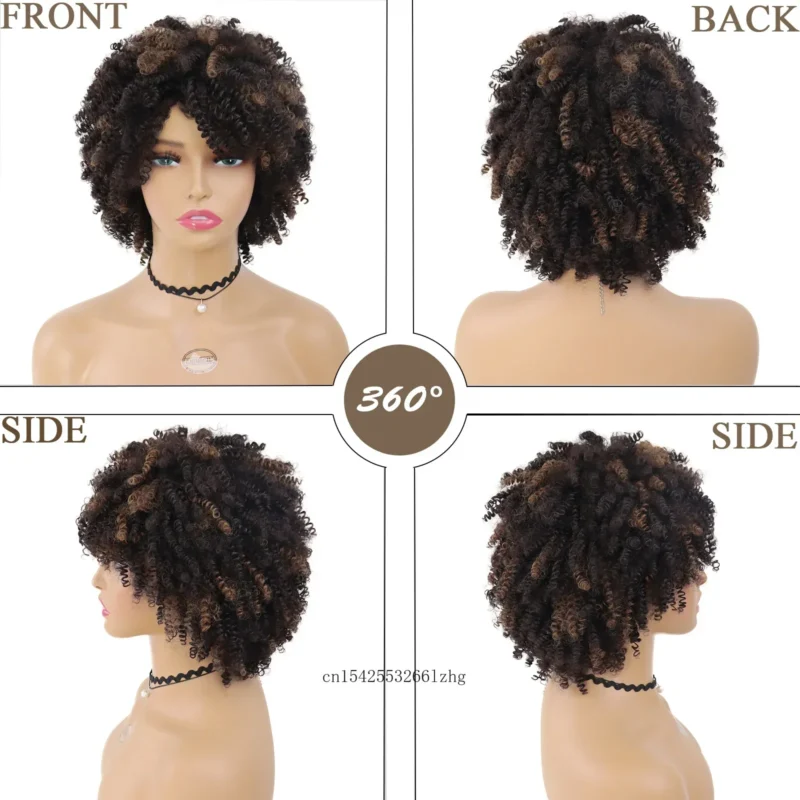 Synthetic Hair Short Afro Wigs for Black Women Lose Curly Wig with Bangs African Hairstyle Mixed Brown Female Wig Heat Resistant - Image 2