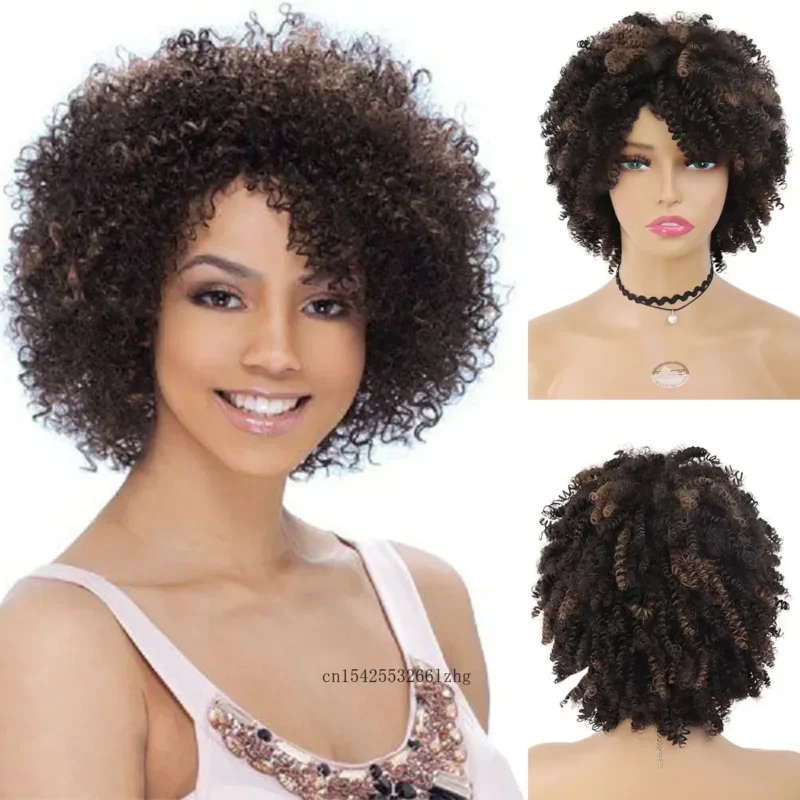 Synthetic Hair Short Afro Wigs for Black Women Lose Curly Wig with Bangs African Hairstyle Mixed Brown Female Wig Heat Resistant