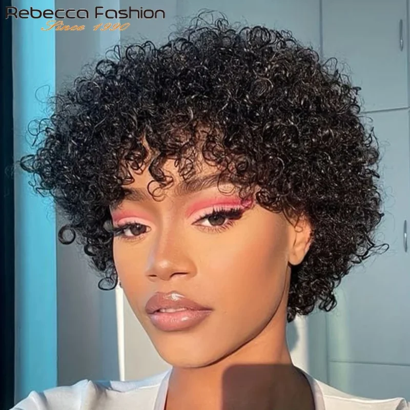 Perruques courtes bouclées crépues afro Rebecca pour femmes noires, perruques sans colle, cheveux brésiliens naturels bruns avec frange - Image 3