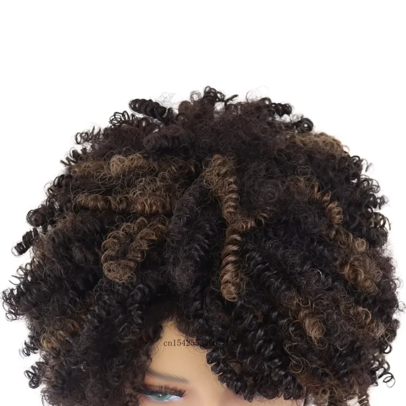 Synthetic Hair Short Afro Wigs for Black Women Lose Curly Wig with Bangs African Hairstyle Mixed Brown Female Wig Heat Resistant - Image 3